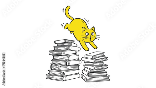Cat Leap: A charming illustration portrays a playful yellow cat leaping joyfully over a stack of books, symbolizing imagination and knowledge 
