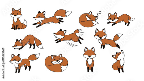 Cute Fox Collection: Playful foxes in various adorable poses, showcasing the charm and agility of these captivating creatures in a delightful, cartoon-like style.