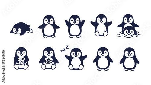 Cute Penguin Character Collection: A whimsical collection of adorable penguin characters in various poses. This delightful display showcases the charm and playful nature of these captivating birds.