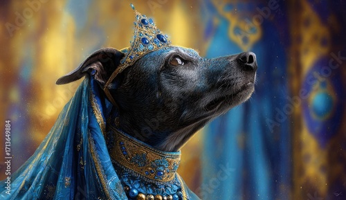 Dog in regal blue and gold attire