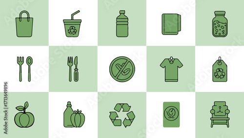 Hand holding plant icon set with compost bin, reusable bottle, solar leaf, rainwater tree, electric car vine, earth cradled — minimalist line art vector.