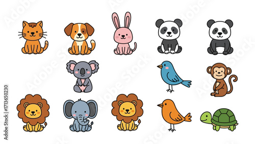 Adorable Animal Kingdom: A vibrant ensemble of charming and cute cartoon animal characters, each uniquely designed with delightful details. Ideal for children's designs and educational materials. 