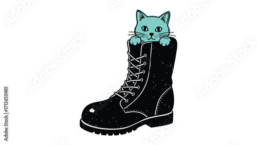Curious Kitty in a Boot: A whimsical illustration featuring a cute cat peeking out from a rugged boot, its inquisitive eyes and playful demeanor.  