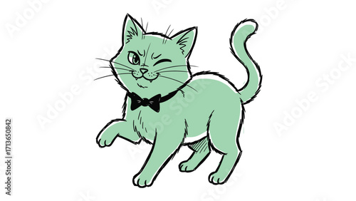 Playful Cat Illustration: A charming, mint-colored cartoon cat winks playfully, accentuating its jovial personality, accompanied by a suave black bow tie.