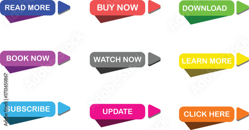 Read More, learn more, buy now, download, watch now, book more colorful button set of vector. colorful on white background