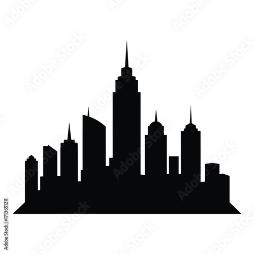 Iconic city skyline silhouette with tall skyscrapers and modern buildings