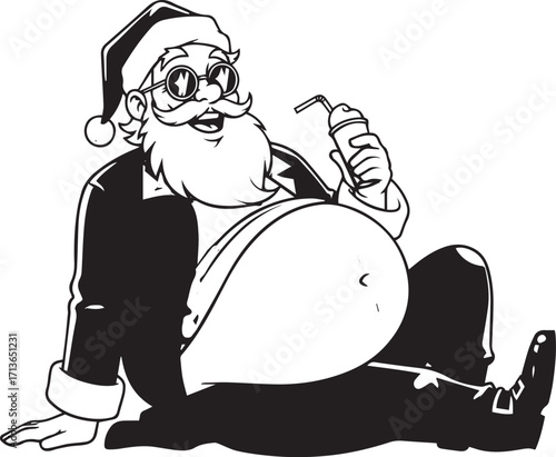 Relaxed Santa Claus Sitting with Drink, Playful Black and White Christmas Illustration