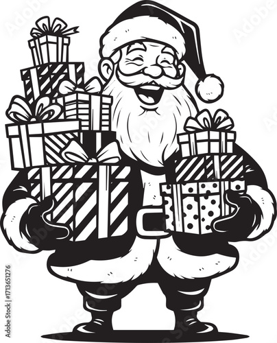 Santa Claus Carrying Stacked Christmas Gifts, Festive Black and White Holiday Illustration
