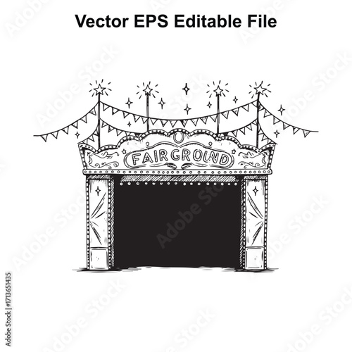 Vector art of hand drawn illustration of a fairground entrance with lights and bunting