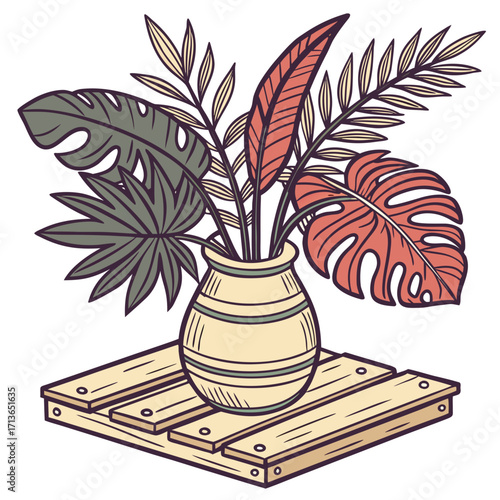 Tropical plant arrangement in vase on wooden pallet