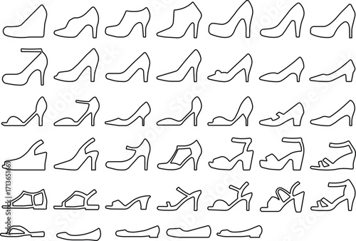Art & IllustrationLadies shoes icon set.women's shoes footwear and elegant style and design trends.wedge heels sketch icon line art vector illustration..leather shoes heel icon black and white icon se