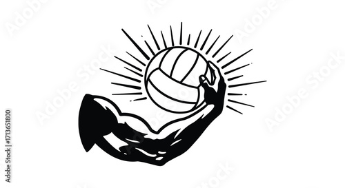 Strong arm holding a volleyball with radiating lines above it