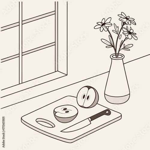 Still life with sliced apple, flowers, and knife by a window