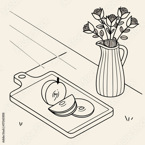 Still life drawing of sliced apple on cutting board with flowers in vase