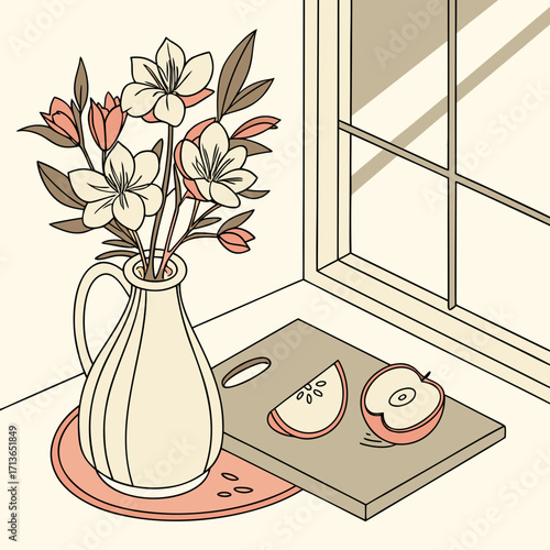 Still life drawing of flowers, apples, and window with sunlight