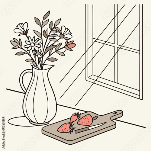 Still life drawing of a vase of flowers and strawberries by the window