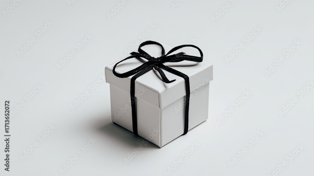 Fototapeta premium Elegant White Gift Box with Black Ribbon on Soft Background for Celebratory Themes and Stylish Presentations
