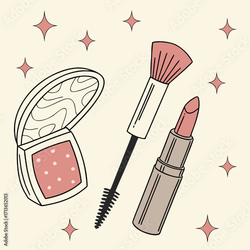 Makeup set with blush, lipstick, and mascara on a beige background