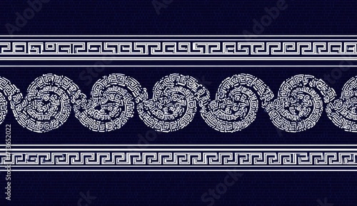 Greek key and spiral pattern on navy