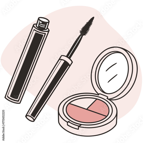 Illustration of makeup products including mascara and blush