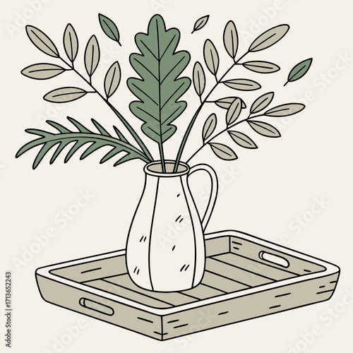 Illustration of a vase with green leaves on a wooden tray