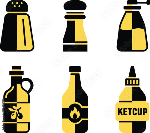 Set of six stylized condiment bottles and shakers