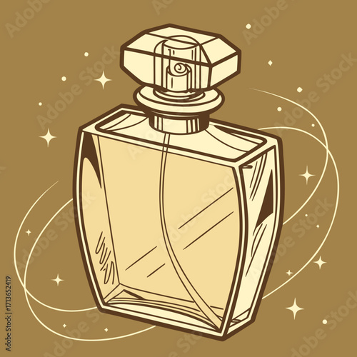 Elegant perfume bottle with a geometric stopper and decorative swirls around it