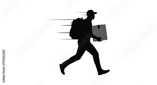 Silhouette of a running delivery person with a package in hand