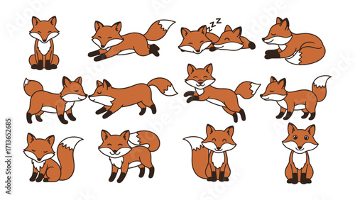 Fox Cartoon Collection: Adorable cartoon foxes in various poses, from playful frolics to serene naps.