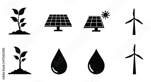 Renewable energy sources illustrated with plants water sun and wind turbines