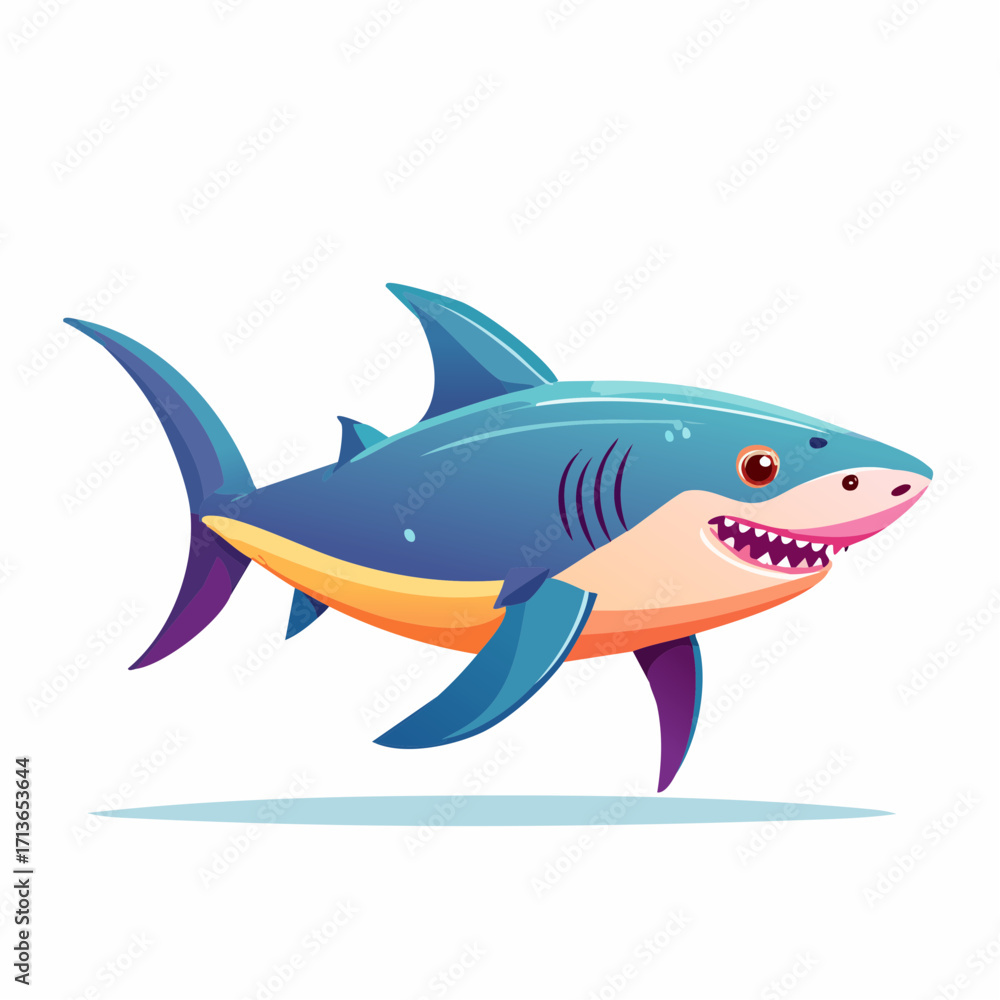 Fototapeta premium Whimsical and friendly blue cartoon shark illustration with a big smile and sharp teeth, perfect for children's themes and ocean-related designs