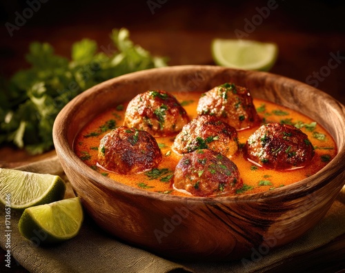 Spicy meatball soup in a wooden bowl