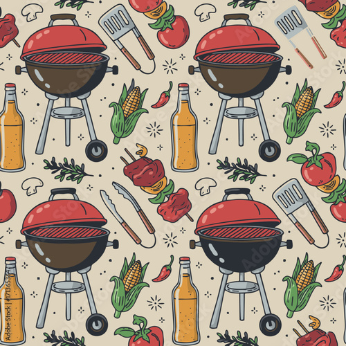 Vintage barbecue seamless pattern with grill and food, Hand-drawn BBQ party background vector illustration, Retro grill, beer, and vegetables pattern for menu design.