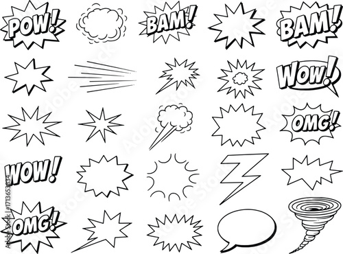 Explosion sound effects comic speech bubbles and action words for dynamic storytelling