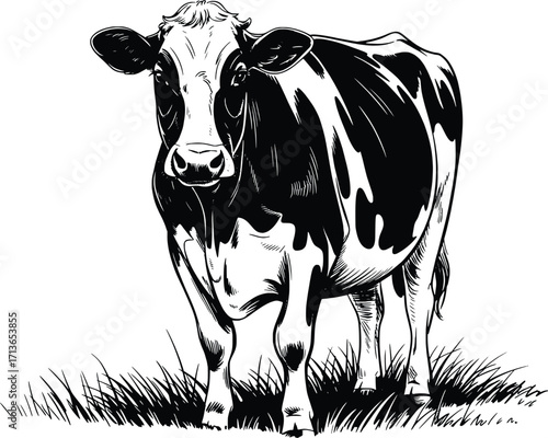 Artistic line drawing of a holstein cow standing in grassy field farm animal portrait