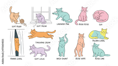 Colorful Cat Illustrations: A playful assortment of adorable cat illustrations in a variety of vibrant colors. These delightful drawings showcase the charming personalities and unique hues of felines.