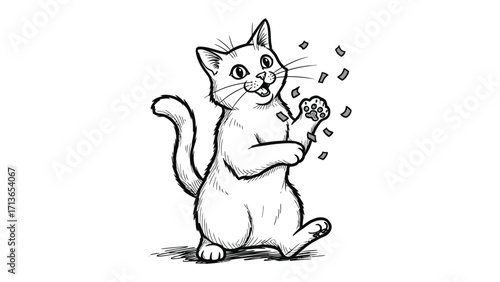 Playful Feline: This charming illustration captures the lighthearted spirit of a cat, reveling in a moment of playful exuberance with confetti, embodying pure joy and amusement.