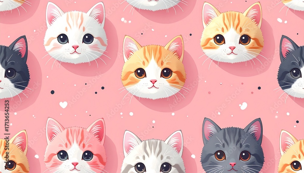 Obraz premium Cute cartoon cat faces in a repeating pattern on a pink background.