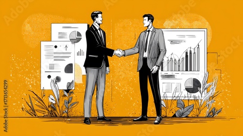 Businessmen shaking hands. Both are dressed in business clothing and there is paperwork with finance graphs and charts, Illustration