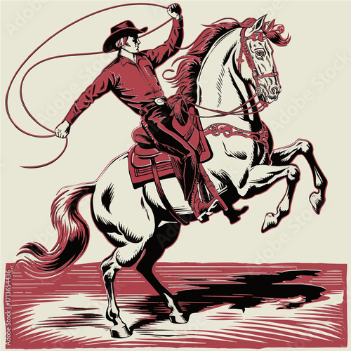 A linocut cowboy illustration in red showing energy and bold contrast while ornate horse rises gracefully in action