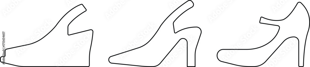 Obraz premium Art & IllustrationLadies shoes icon set.women's shoes footwear and elegant style and design trends.wedge heels sketch icon line art vector illustration..leather shoes heel icon black and white icon se
