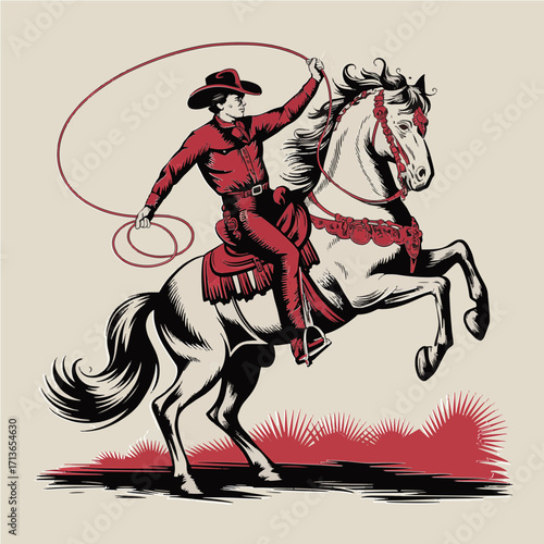 A retro-inspired woodcut cowboy holding lasso high while ornate bridle horse lifts front legs with bold contrast