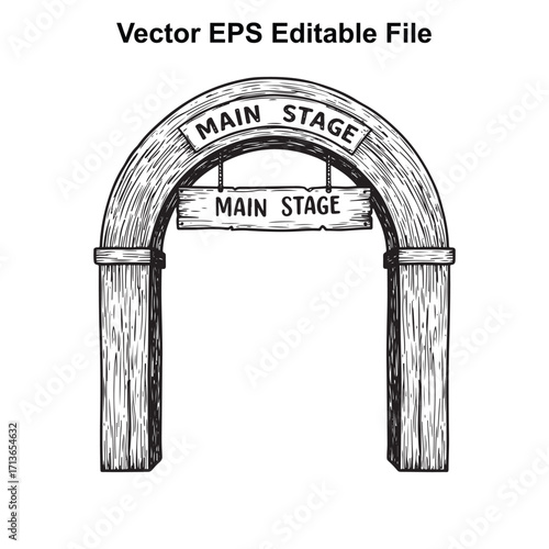Vector art of wooden archway with main stage signs