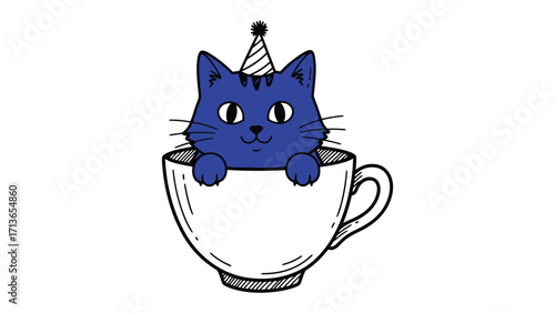 A Kitten's Cozy Soiree: A delightful drawing of a blue kitten wearing a party hat, nestled snugly inside a large teacup. A scene perfect for conveying a feeling of joy.