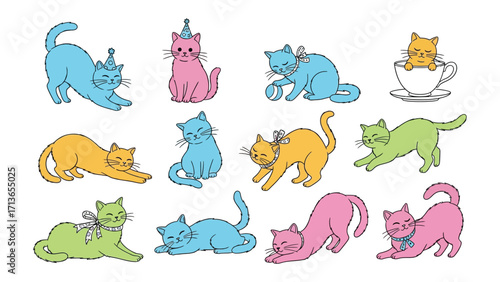 Whimsical Cat Collection: A vibrant and playful illustration features an array of adorable cats in various poses, showcasing a spectrum of colors and delightful expressions.