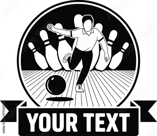 Dynamic bowling emblem sport graphic player rolling ball striking pins competition action