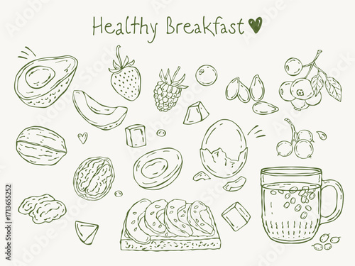 Set of vector illustrations hand drawn healthy breakfast theme in outline doodle style. Includes avocado, egg, toast, berries (strawberry, raspberry, blueberry), nuts, pumpkin seeds and sea buckthorn 