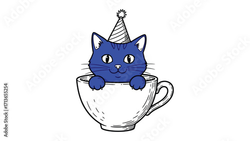 Teacup Kitten: A cute, cartoon kitten sporting a party hat, playfully perched inside a oversized teacup, ideal for adding a touch of whimsy to any design.