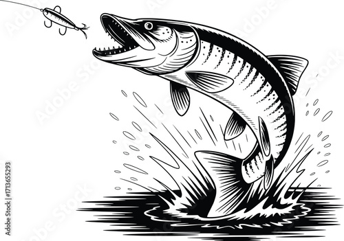Dynamic musky fish leaping from water capturing fishing lure