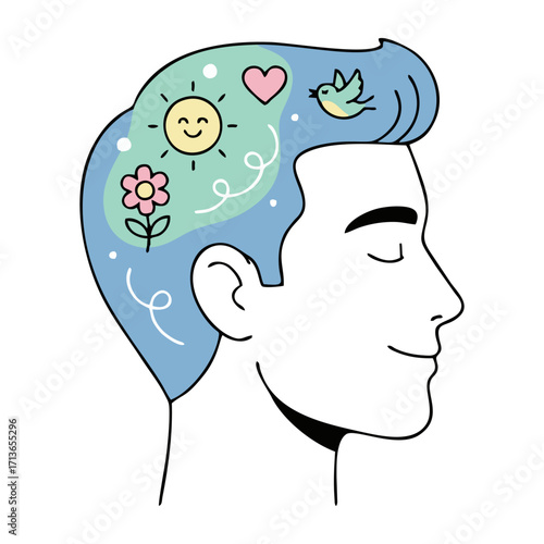 Calm mind and positive thinking mental health concept, Male head with happy thoughts vector illustration, Mindfulness and emotional stability minimalist line art.
